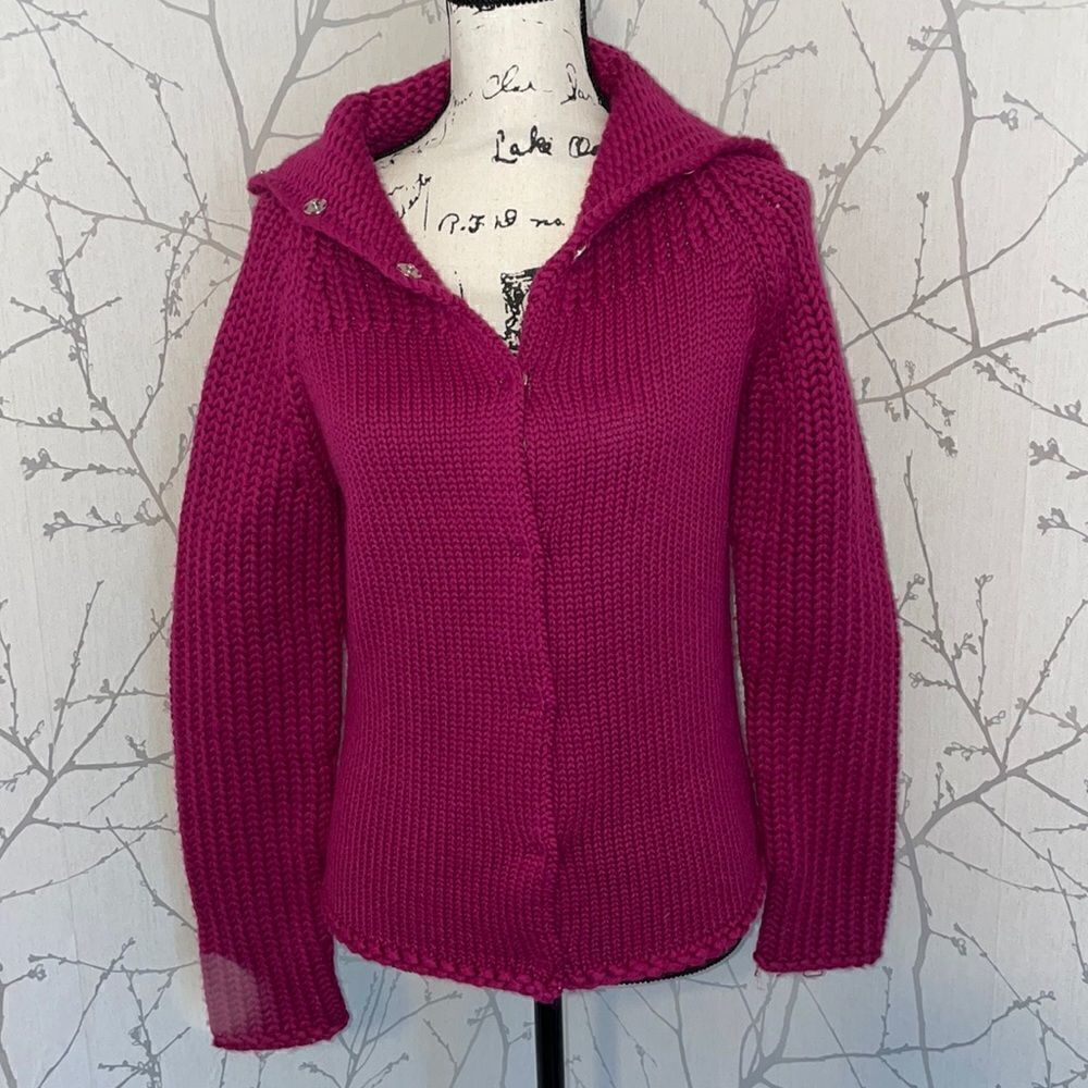 Gap Cardigan Sweater Womens Medium Magenta Pink Excellent Chunky Wool Blend